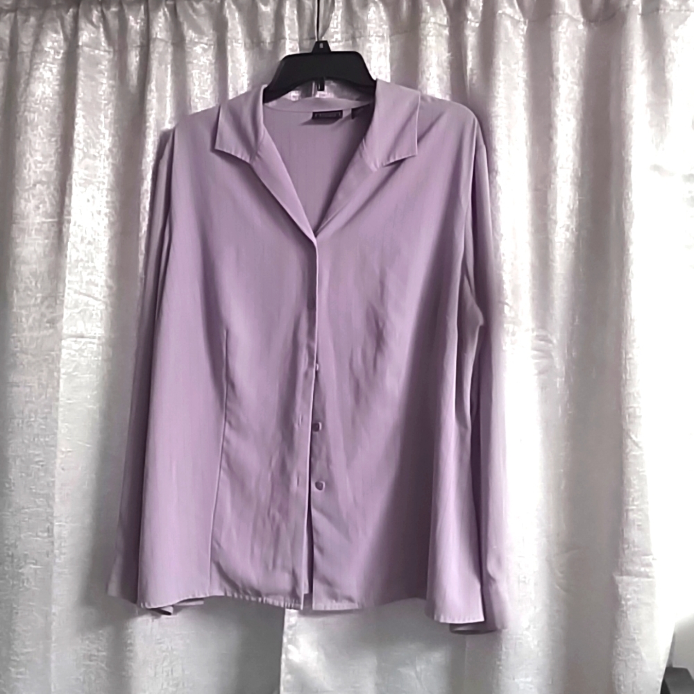 Laura Scott , 20W long sleeve button up, Dress shirt, lilac purple, pin stripes